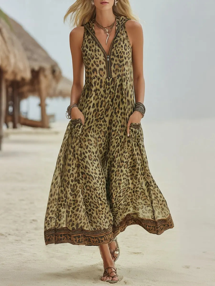 SUMMER | Sleeveless hooded midi dress with leopard print