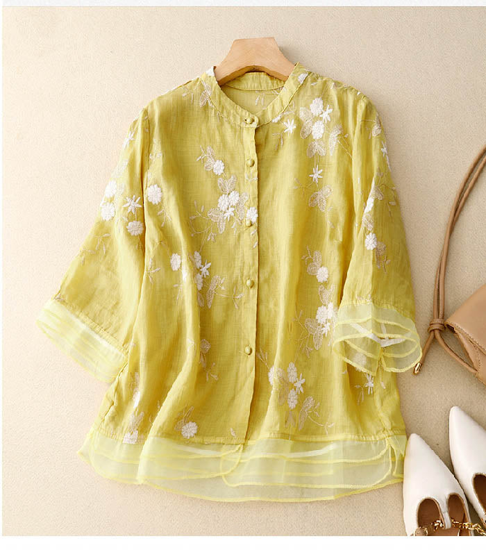 ALTHEA | Button-front blouse with floral embroidery