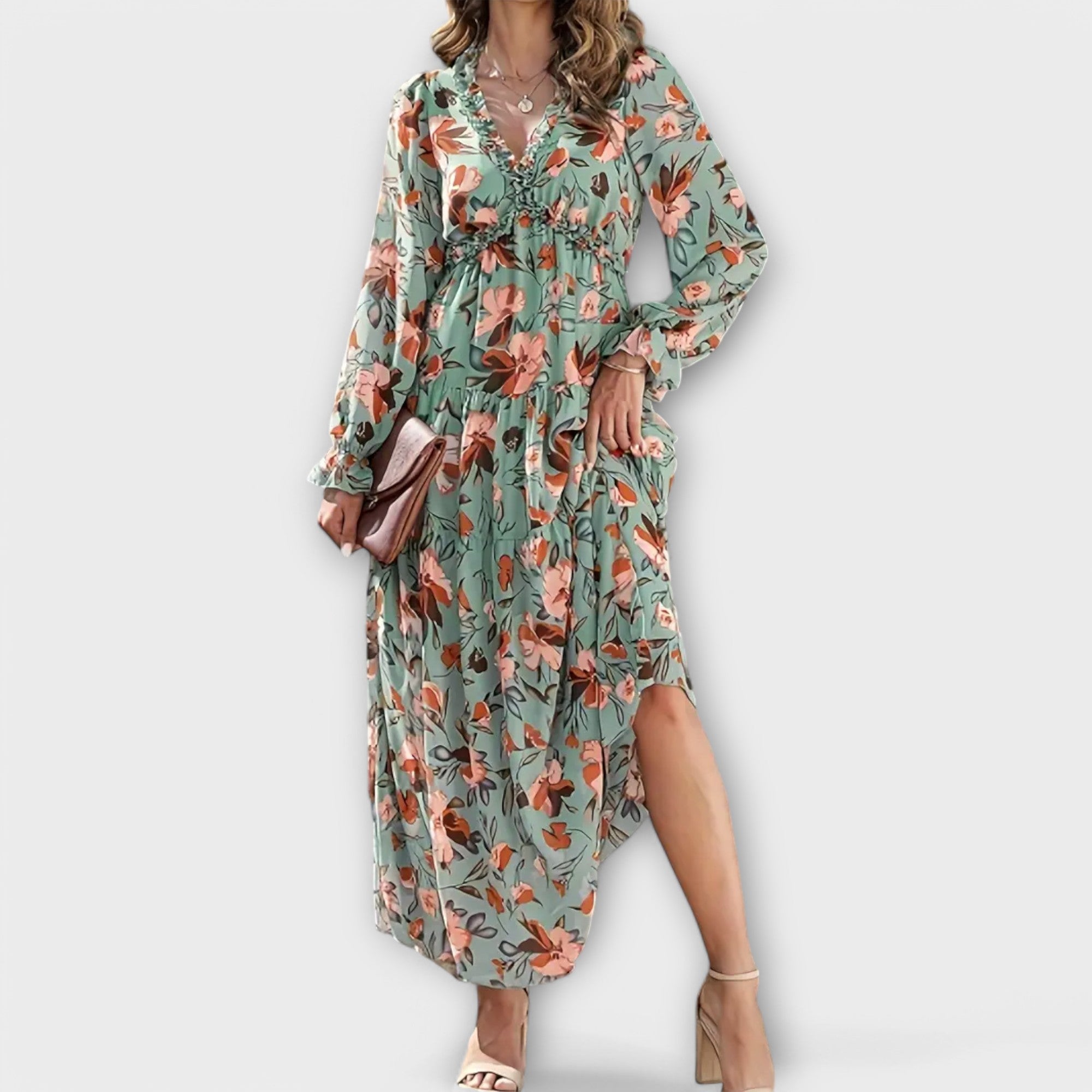 YNAH | V-neck floral maxi dress with long sleeves