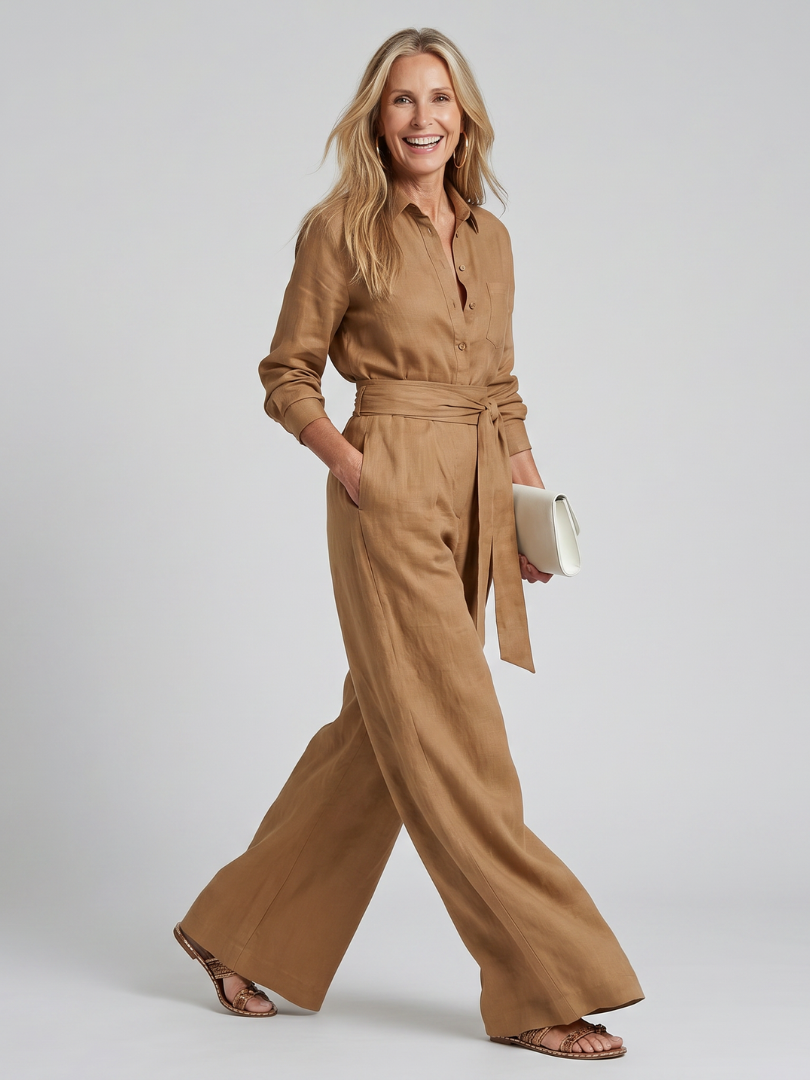 JOVIE | Button-front wide-leg jumpsuit with waist tie
