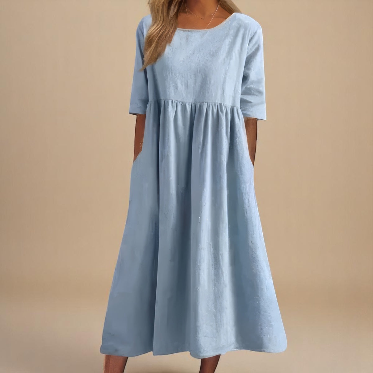 EMILY | Elbow-sleeve midi dress with round neckline