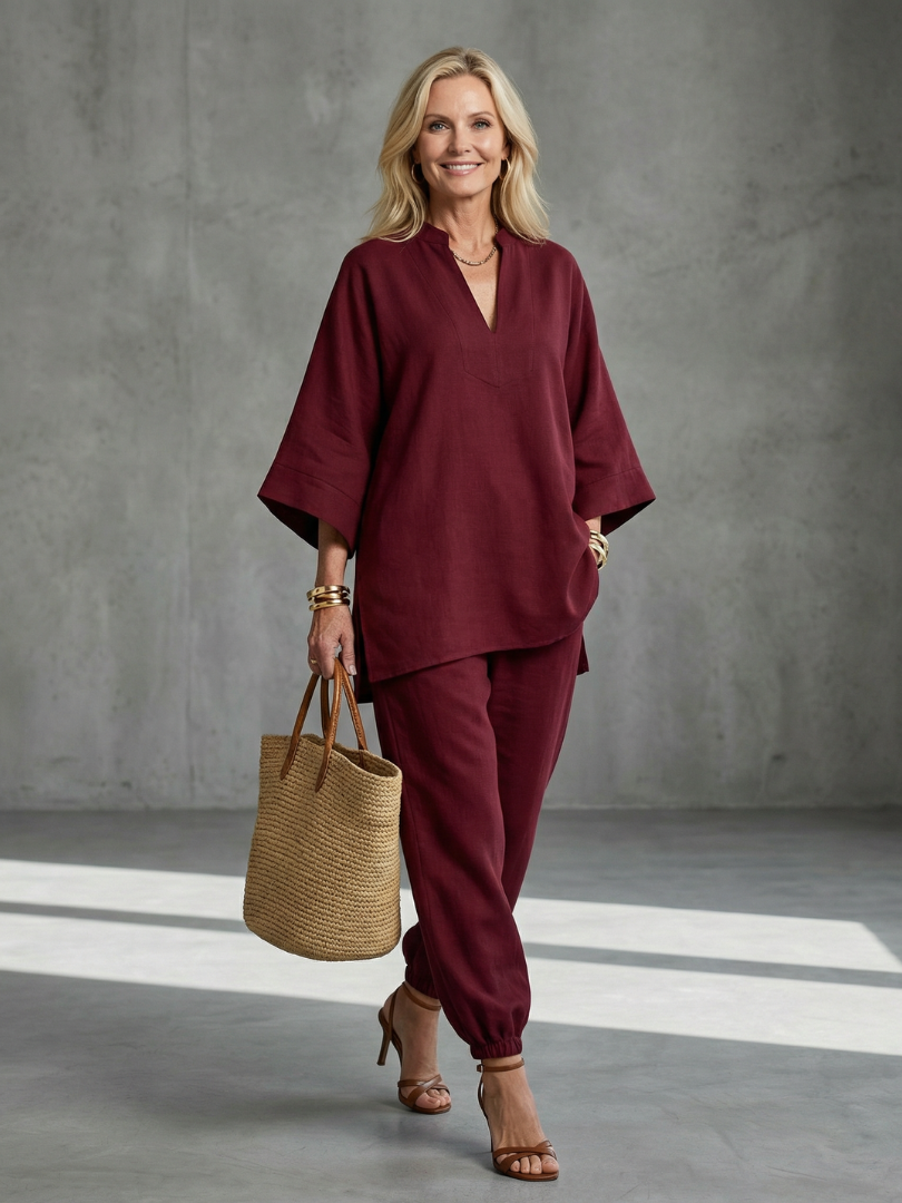 GEORGIANA | Relaxed V-neck tunic with gathered-hem pants
