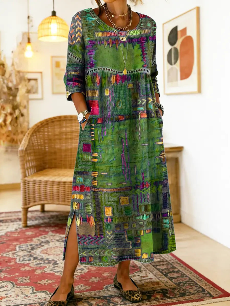 MANUELA | Printed dress with ethnic patchwork detail