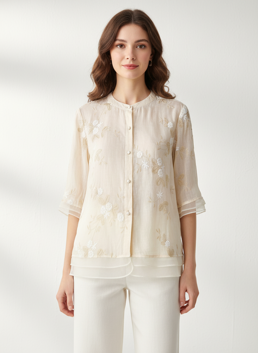 ALTHEA | Button-front blouse with floral embroidery