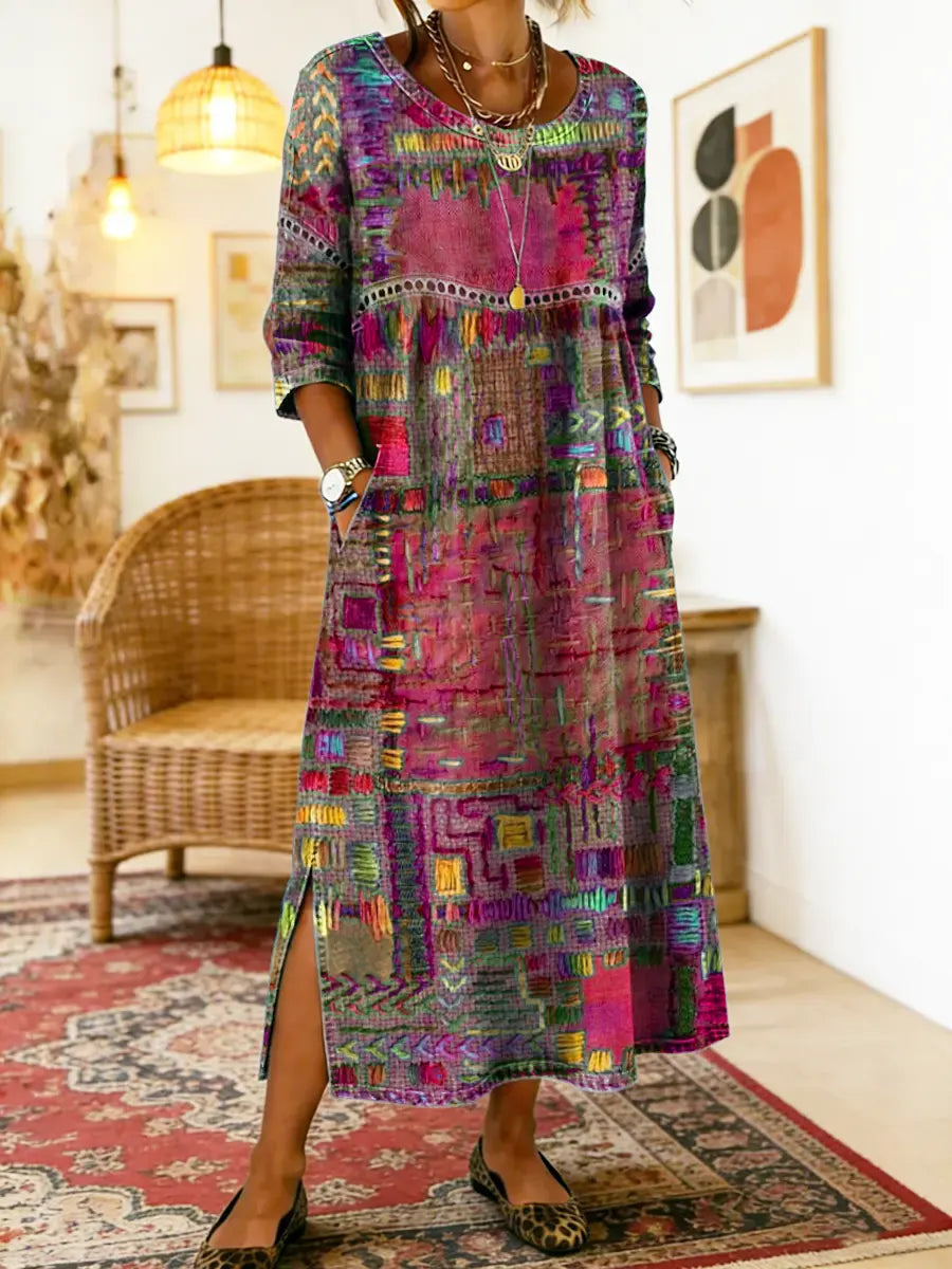 MANUELA | Printed dress with ethnic patchwork detail