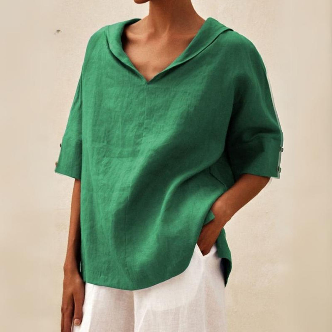 RENEE | Relaxed V-neck linen shirt with half sleeves