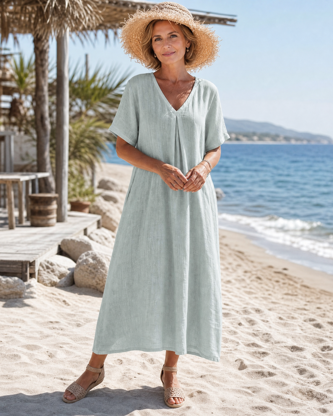 THAMAL | V-neck midi dress with front pleat detail
