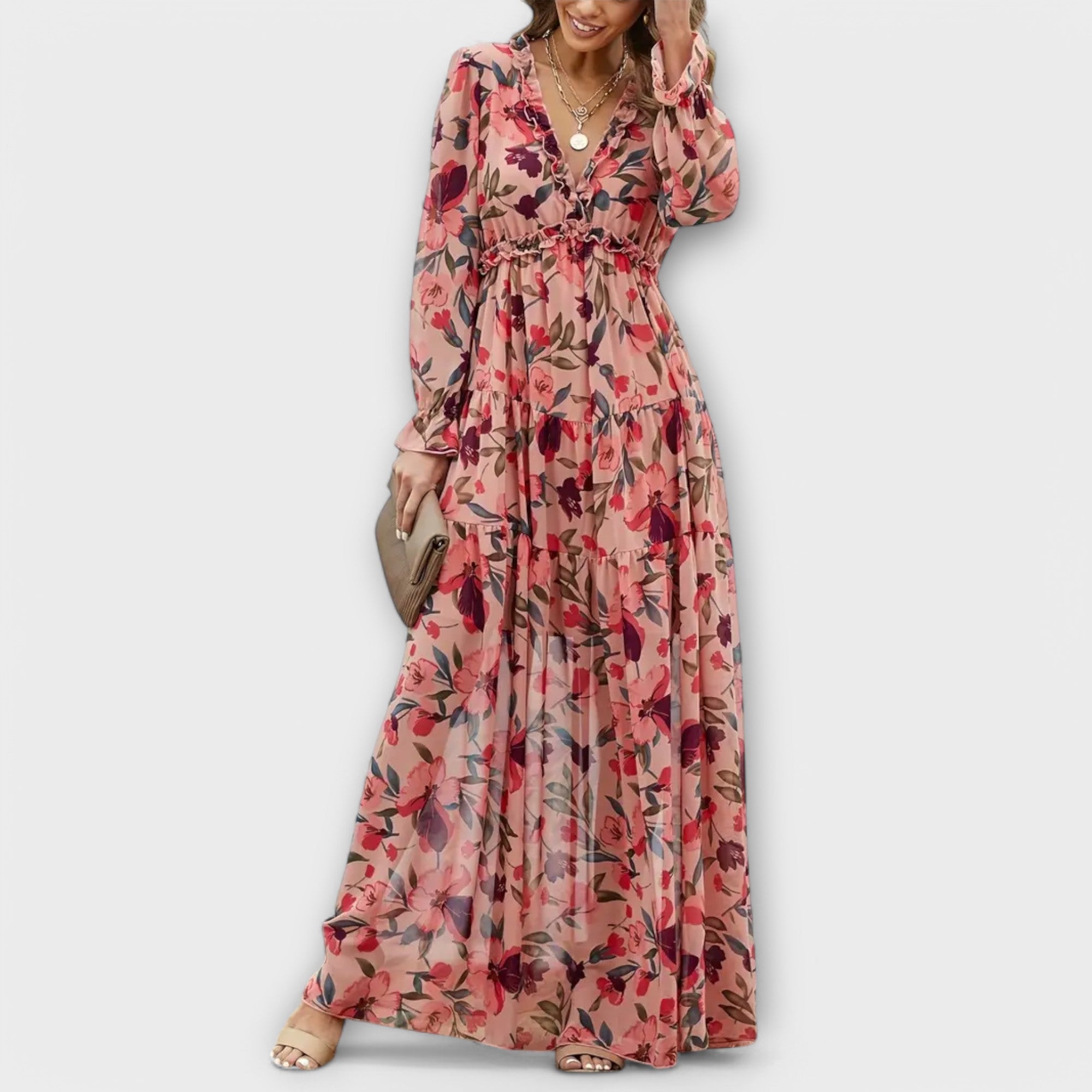 YNAH | V-neck floral maxi dress with long sleeves