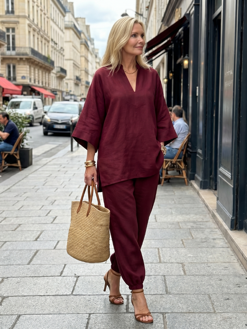 GEORGIANA | Relaxed V-neck tunic with gathered-hem pants