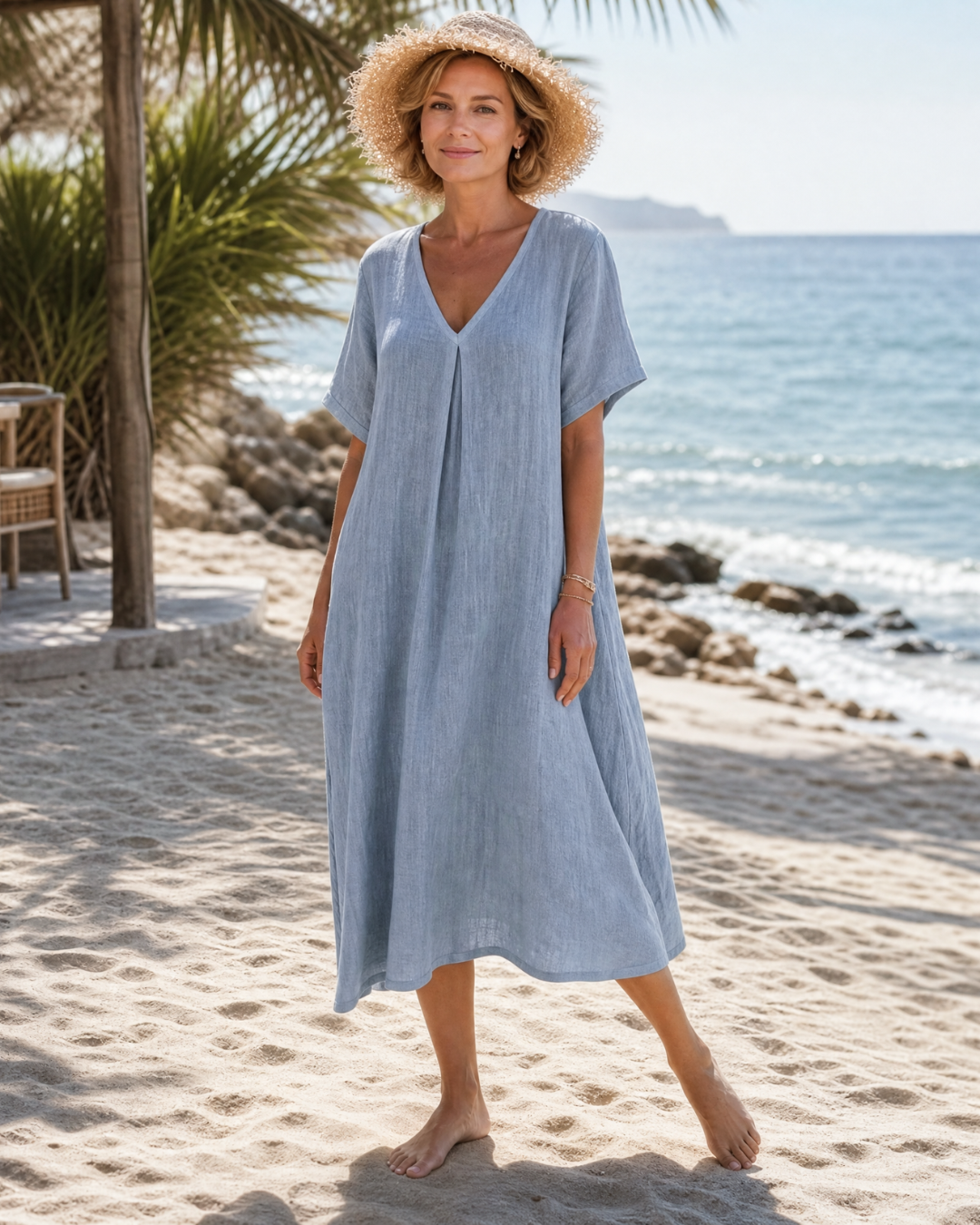 THAMAL | V-neck midi dress with front pleat detail