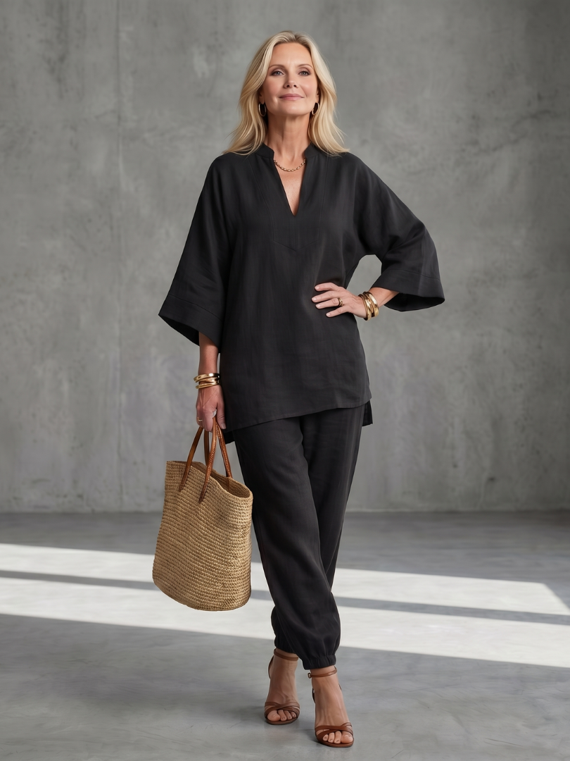 GEORGIANA | Relaxed V-neck tunic with gathered-hem pants
