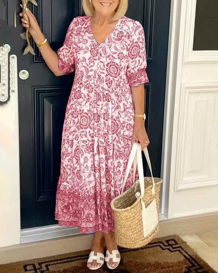 ELLIE | Floral A-line dress with deep V-neck