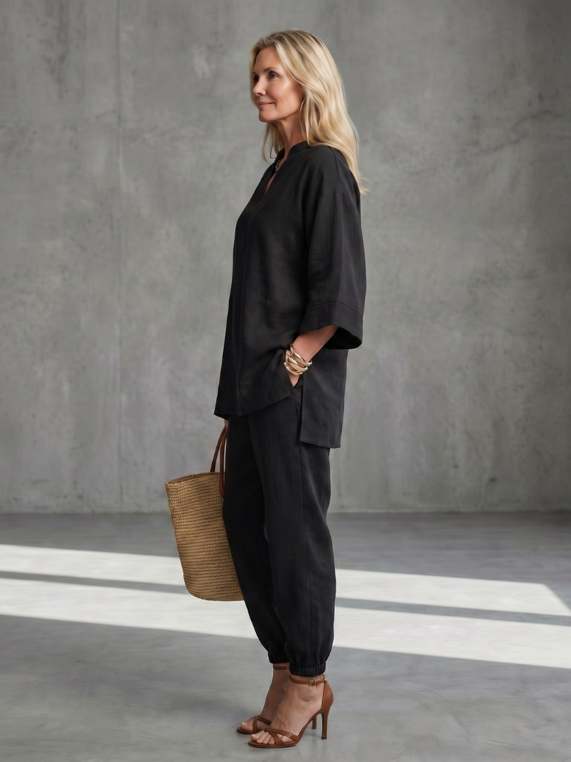 GEORGIANA | Relaxed V-neck tunic with gathered-hem pants