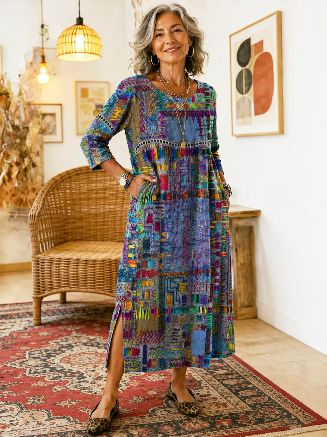 MANUELA | Printed dress with ethnic patchwork detail