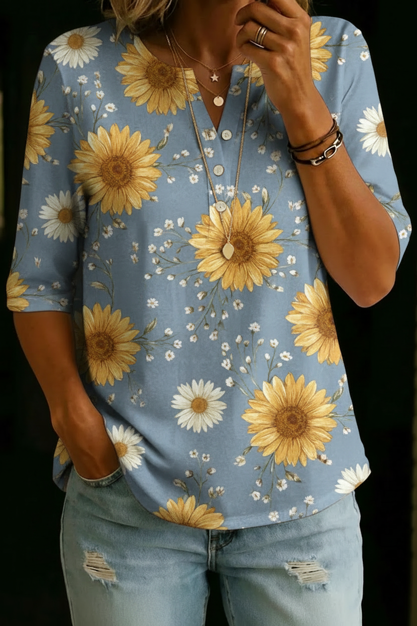 CHELSEA | Henley top with sunflower daisy print