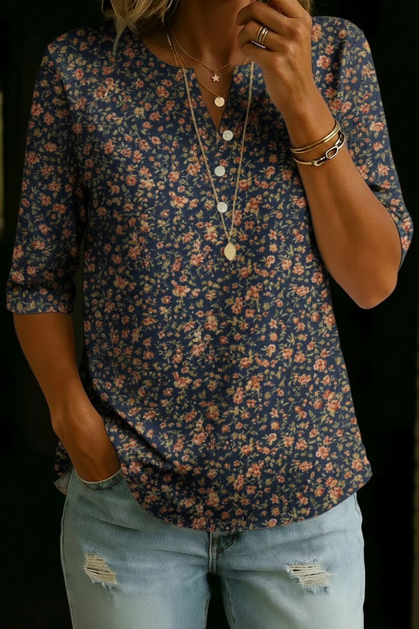 DEANNA | Half-sleeve henley top with floral print