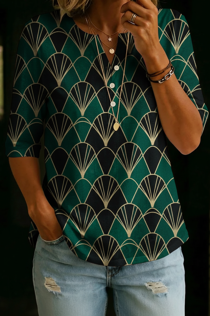 LINDA | Henley top with art deco geometric print