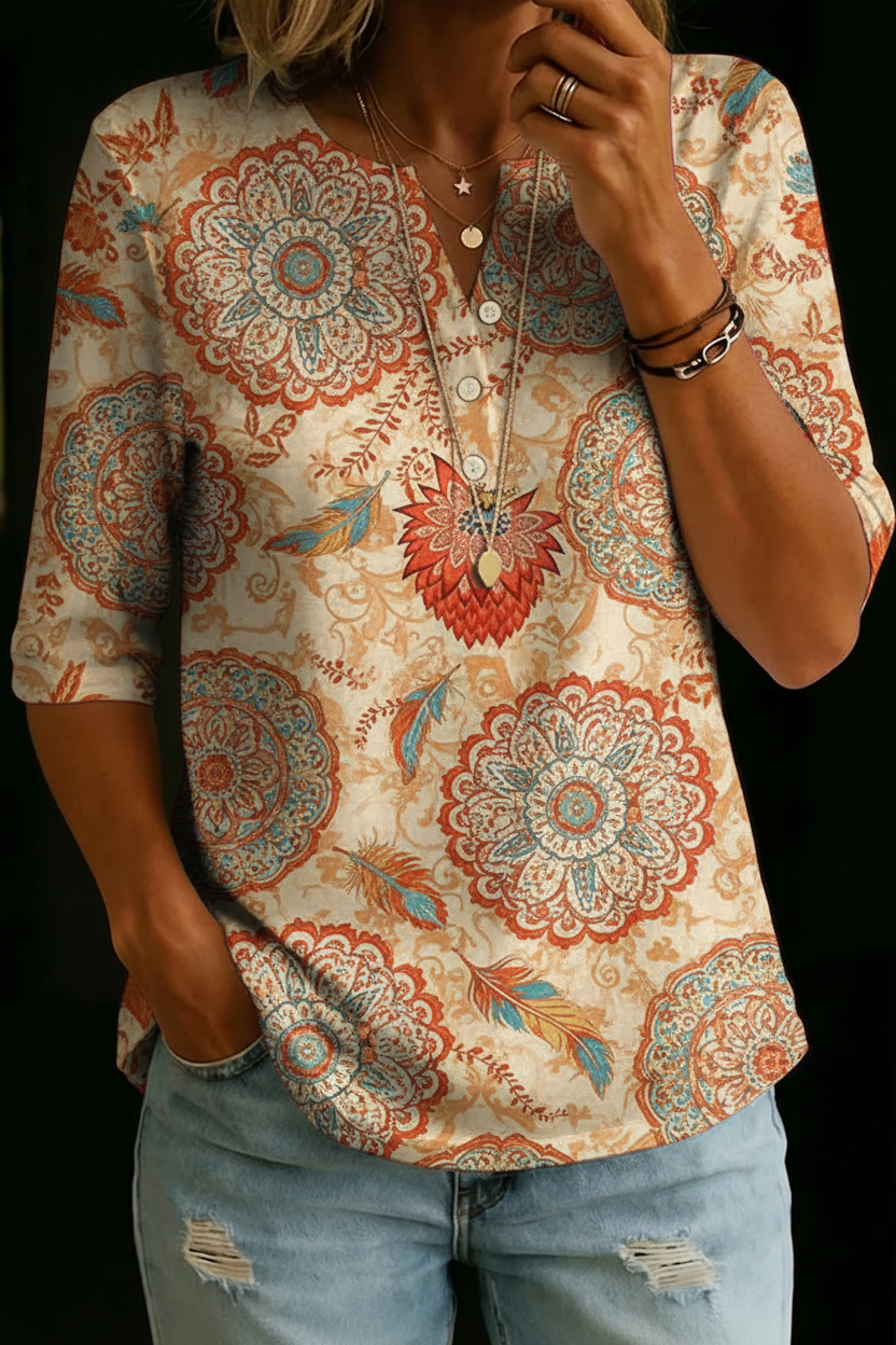 TATIANA | Relaxed henley top with medallion print