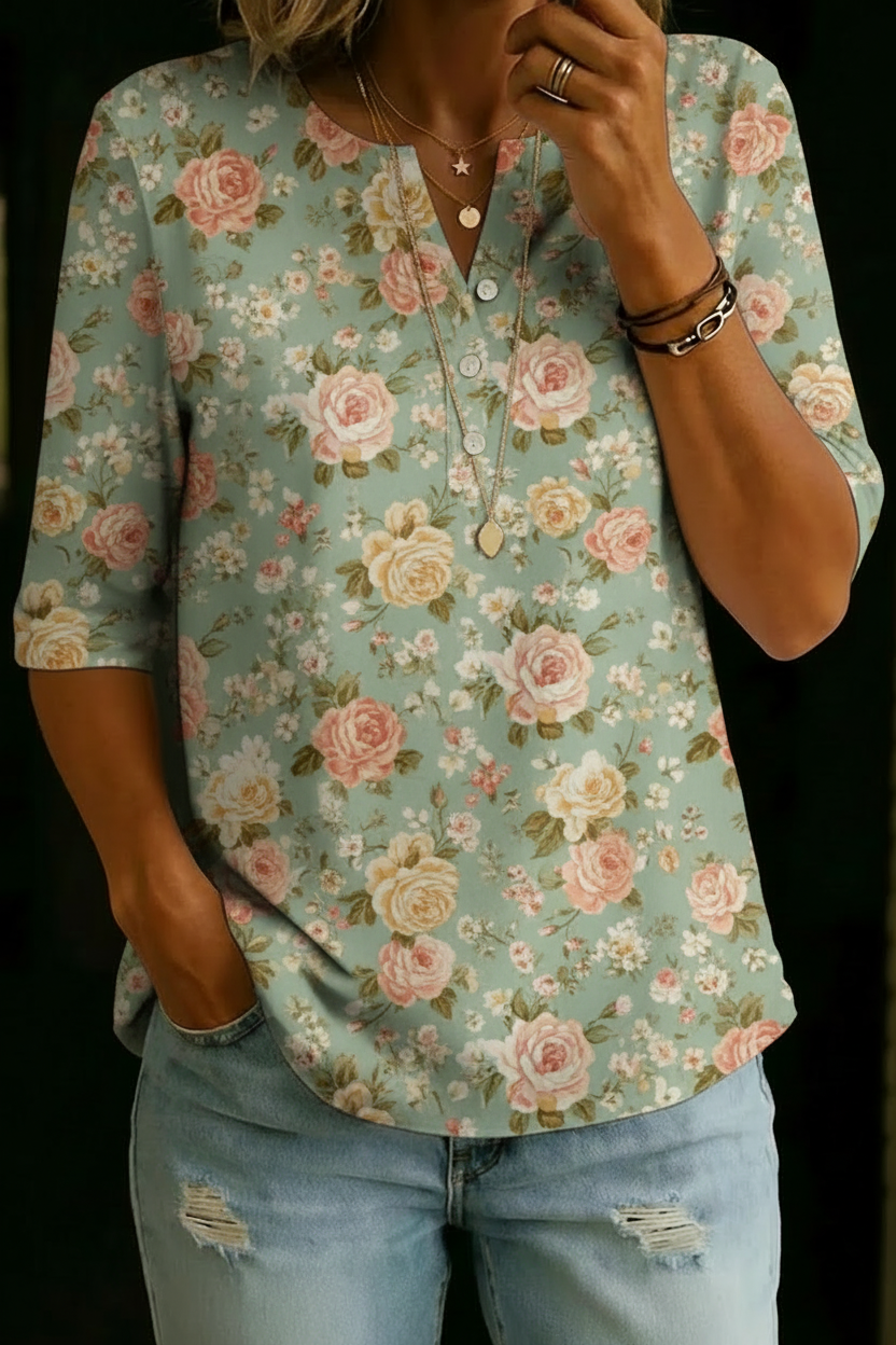 STACEY | Henley-placket top with floral print