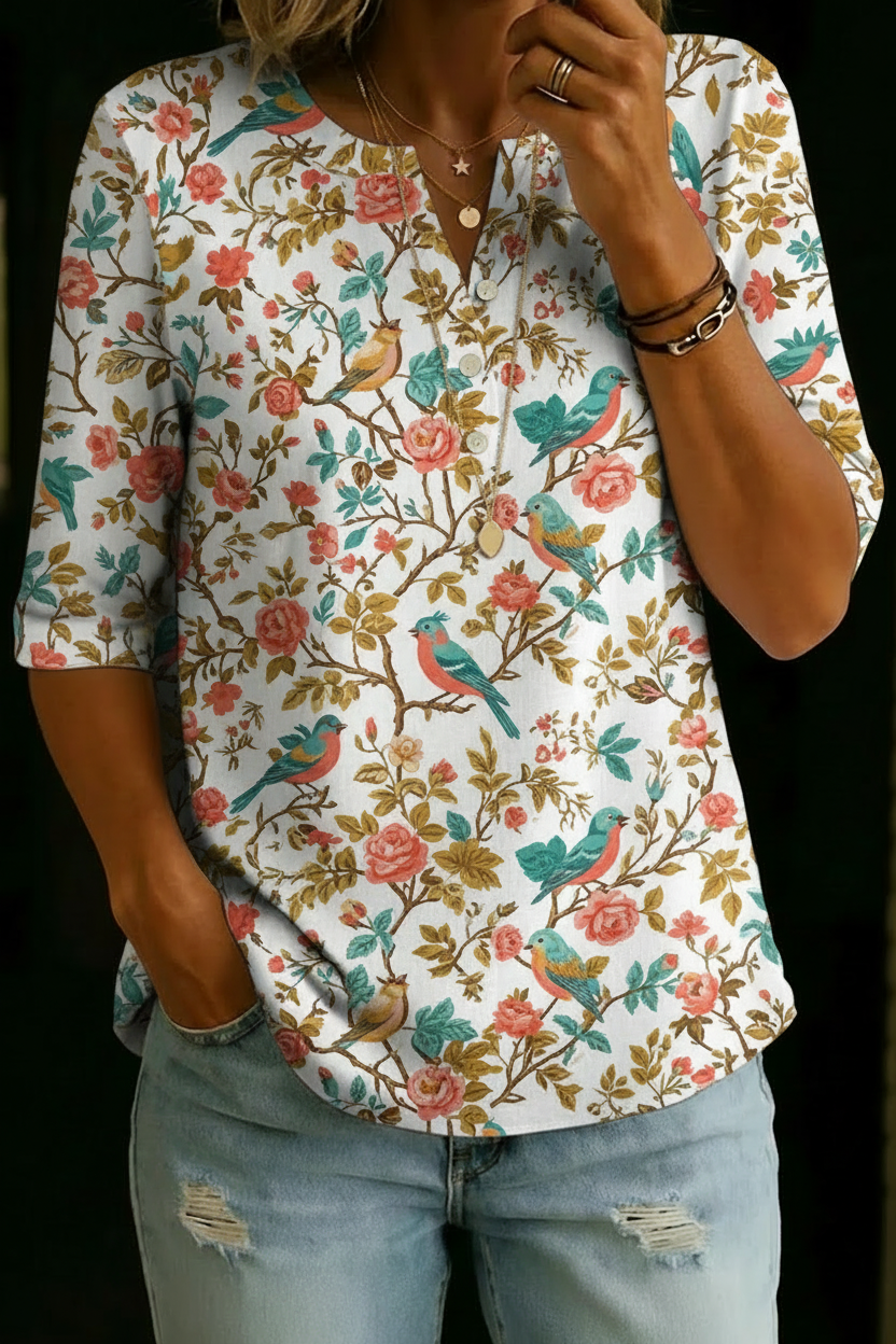 MARITZA | Short-sleeve henley top with bird floral print