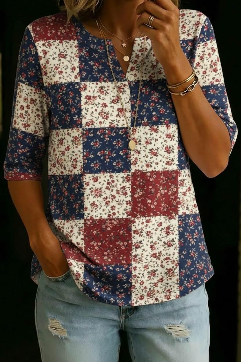 SANDY | Henley top with navy patchwork floral print