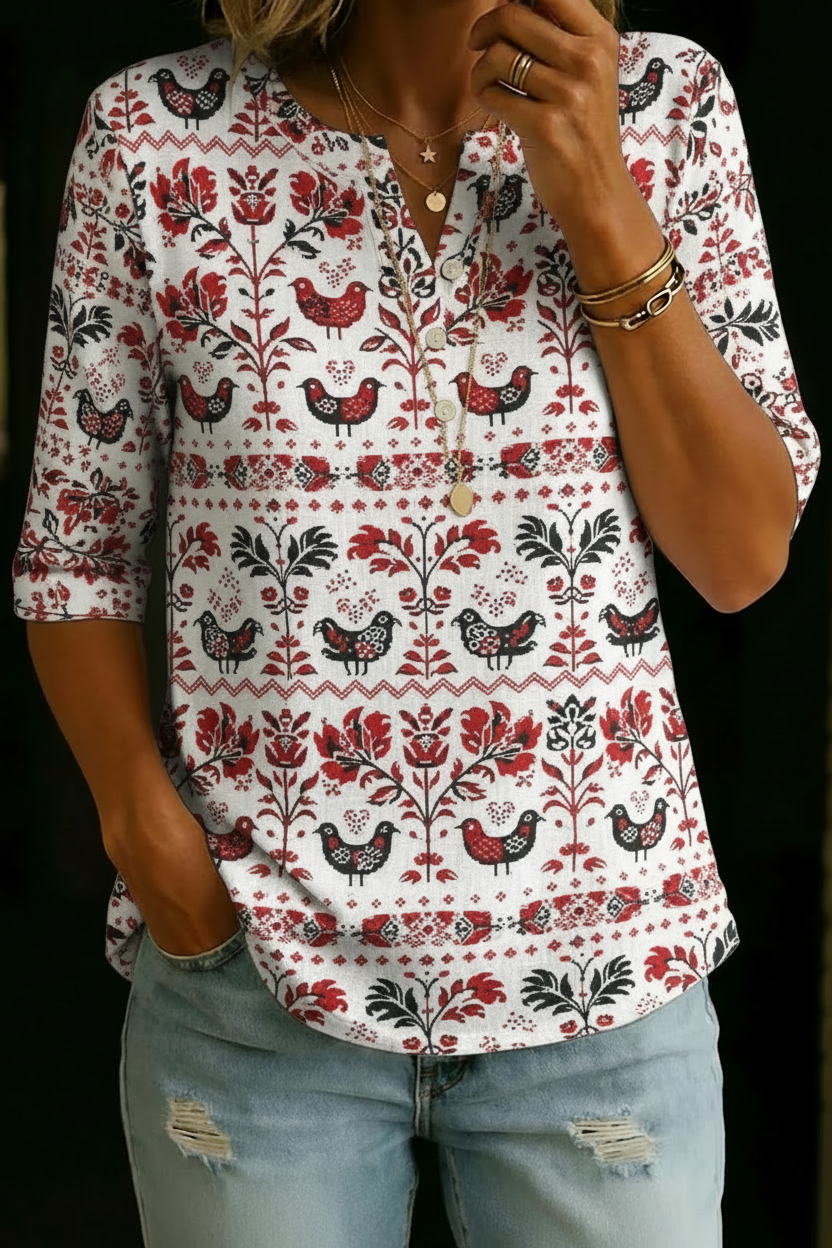 TRACI | Henley top with folk bird print