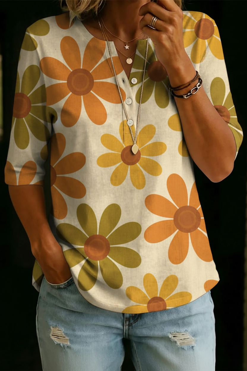 PAMELA | Button-front daisy top with Henley neckline