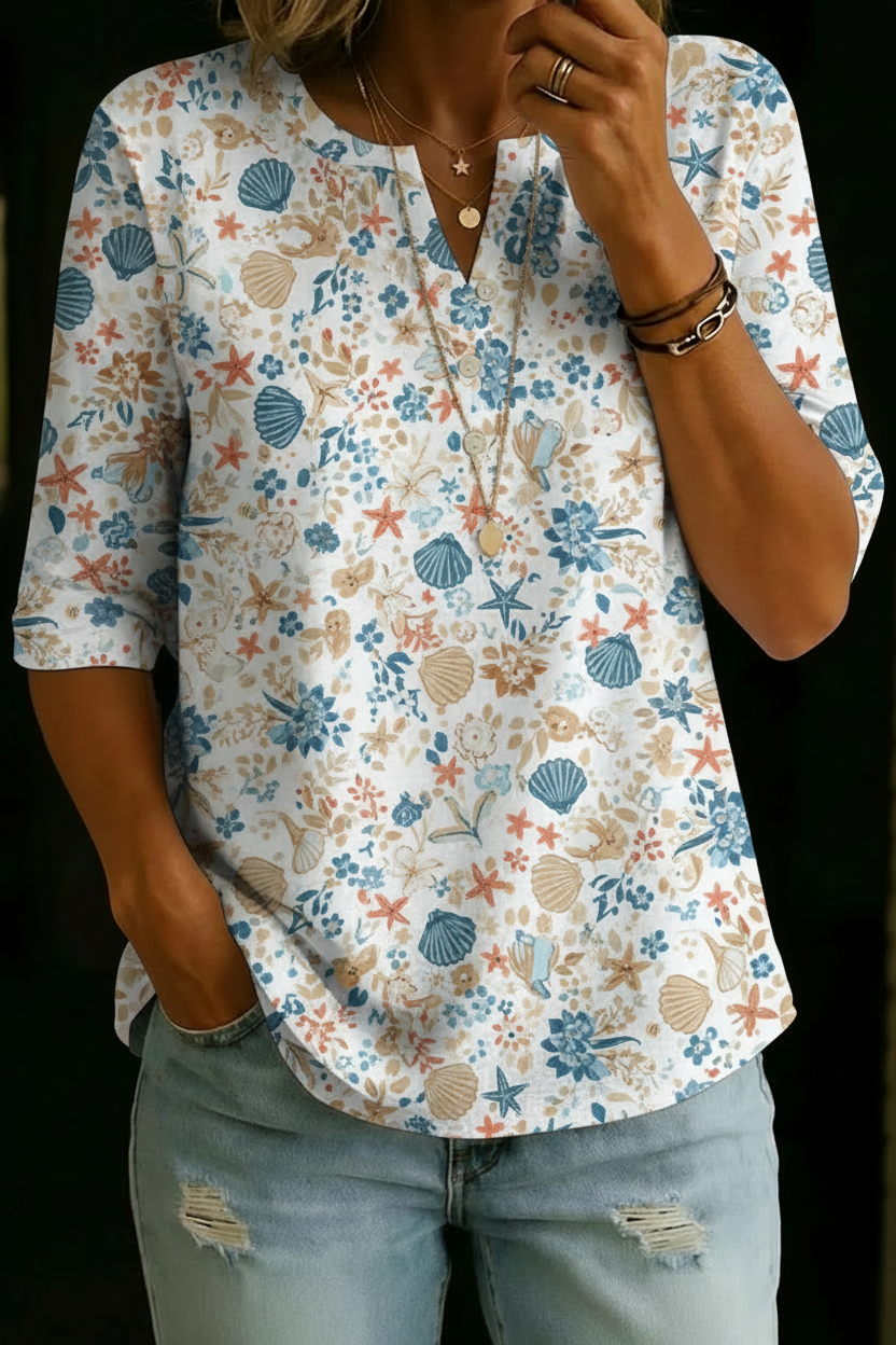 SONIA | Soft-touch henley top with coastal print