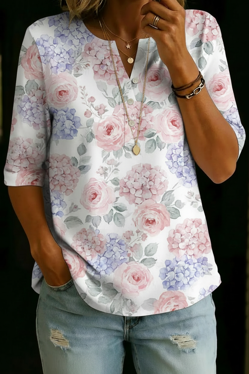 NELLY | Henley top with floral half-sleeve