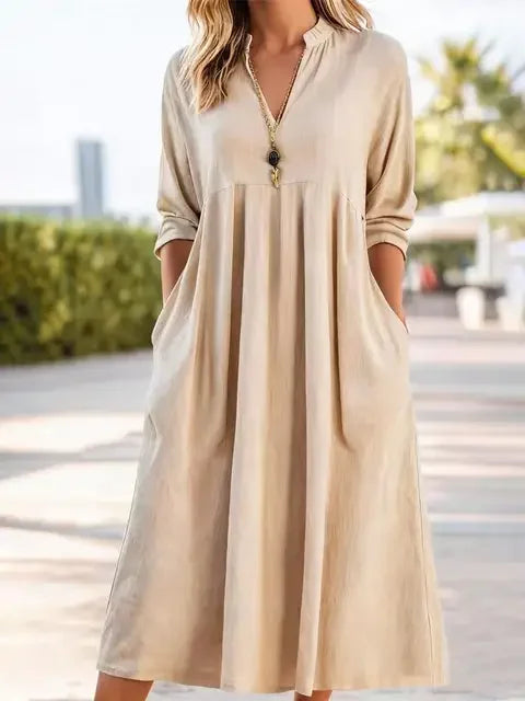 ROSLYN | V-neck linen dress with long sleeves