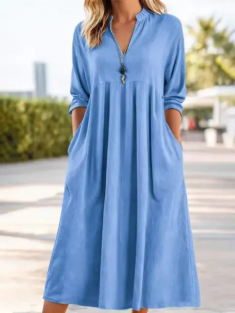 ROSLYN | V-neck linen dress with long sleeves