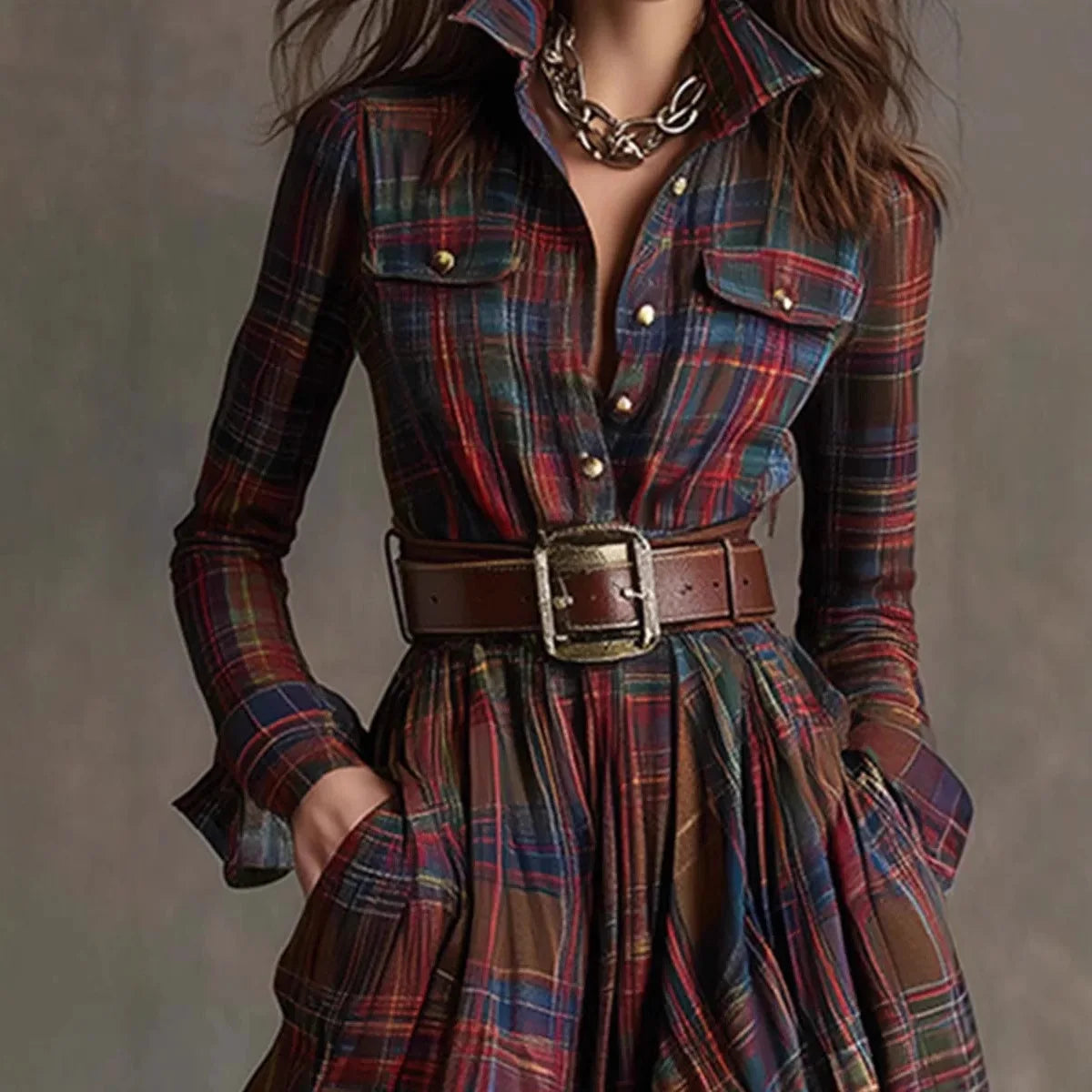 BRYANNA | Relaxed plaid maxi dress with lapel collar