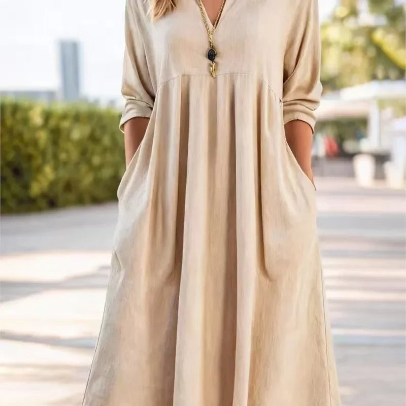 ROSLYN | V-neck linen dress with long sleeves