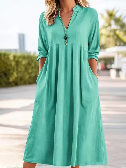 ROSLYN | V-neck linen dress with long sleeves