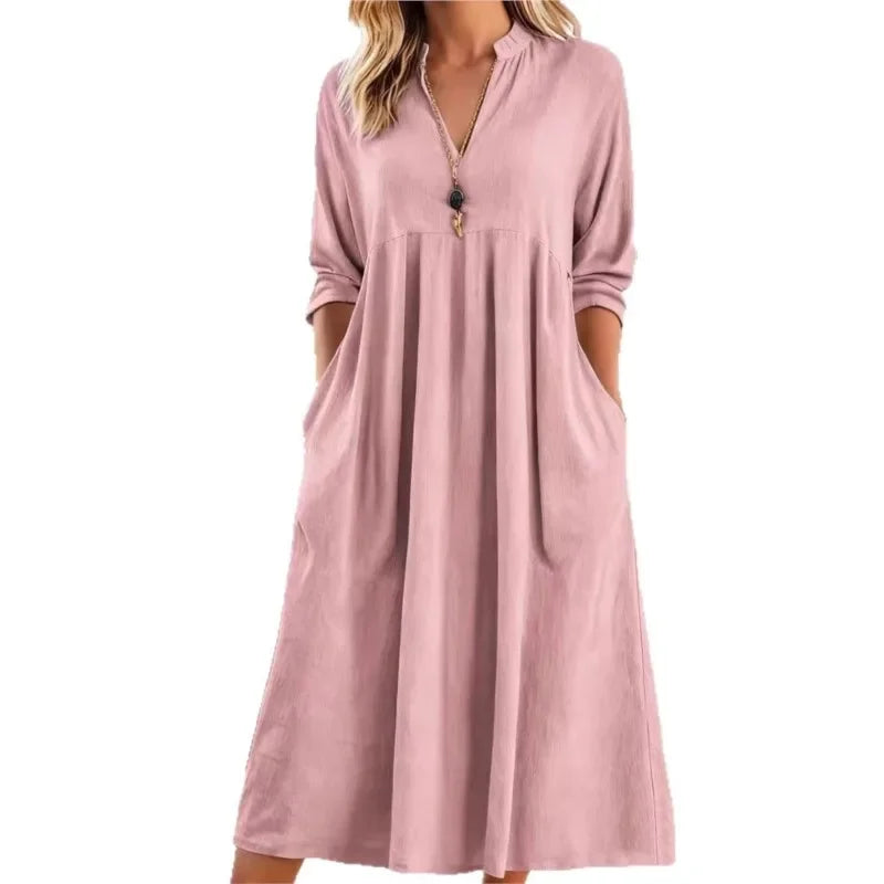 ROSLYN | V-neck linen dress with long sleeves
