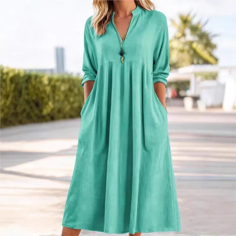 ROSLYN | V-neck linen dress with long sleeves