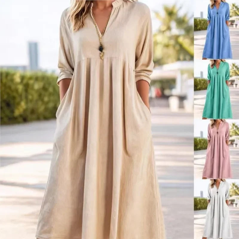 ROSLYN | V-neck linen dress with long sleeves