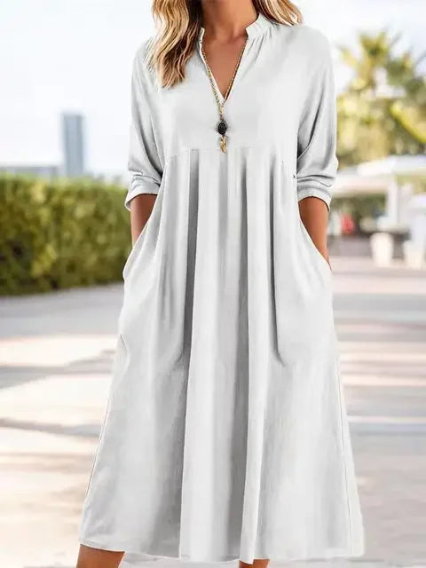 ROSLYN | V-neck linen dress with long sleeves
