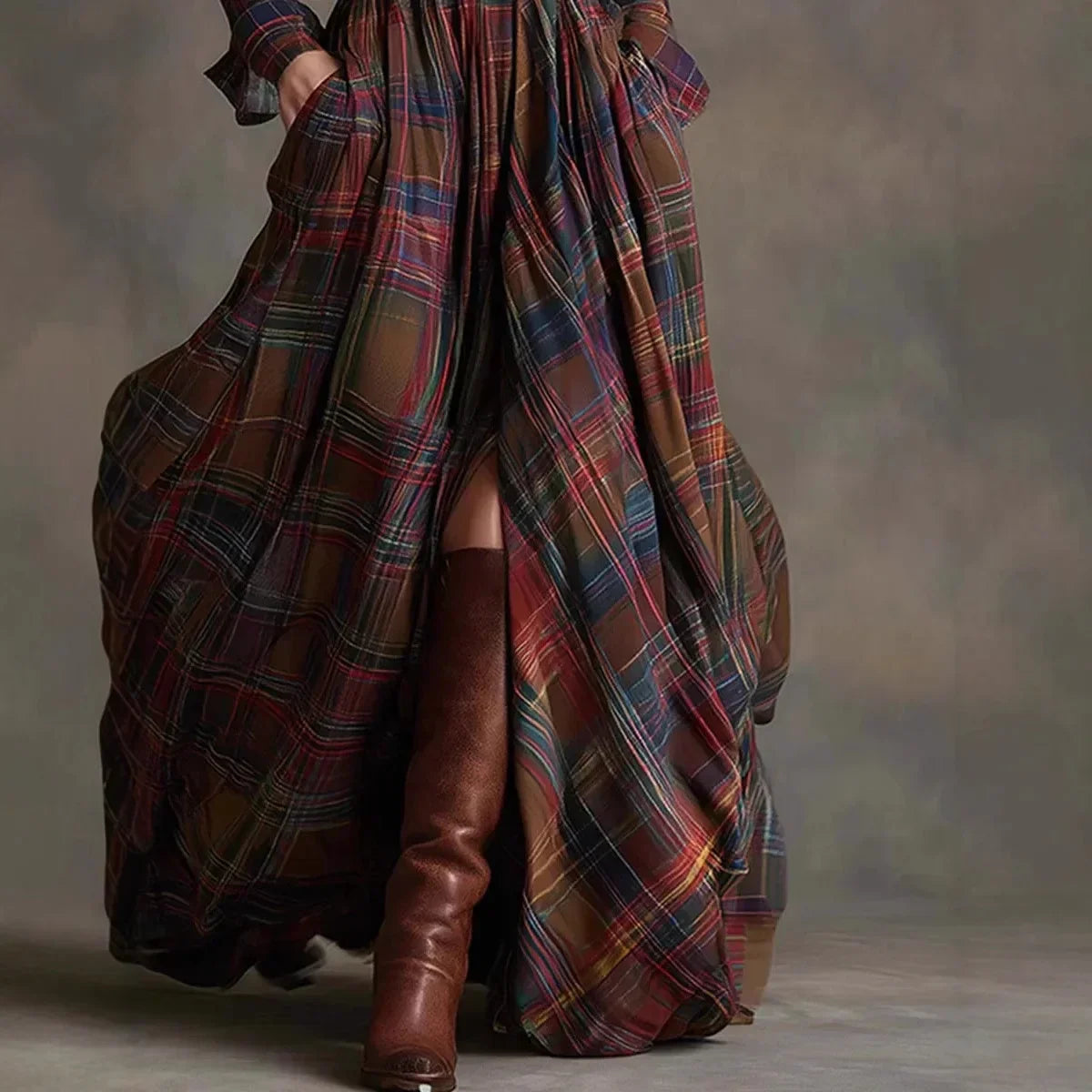 BRYANNA | Relaxed plaid maxi dress with lapel collar