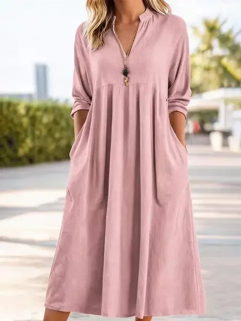 ROSLYN | V-neck linen dress with long sleeves