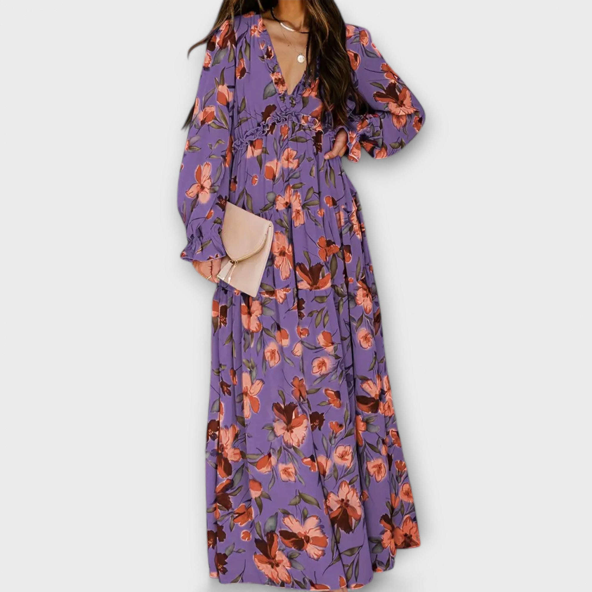 YNAH | V-neck floral maxi dress with long sleeves