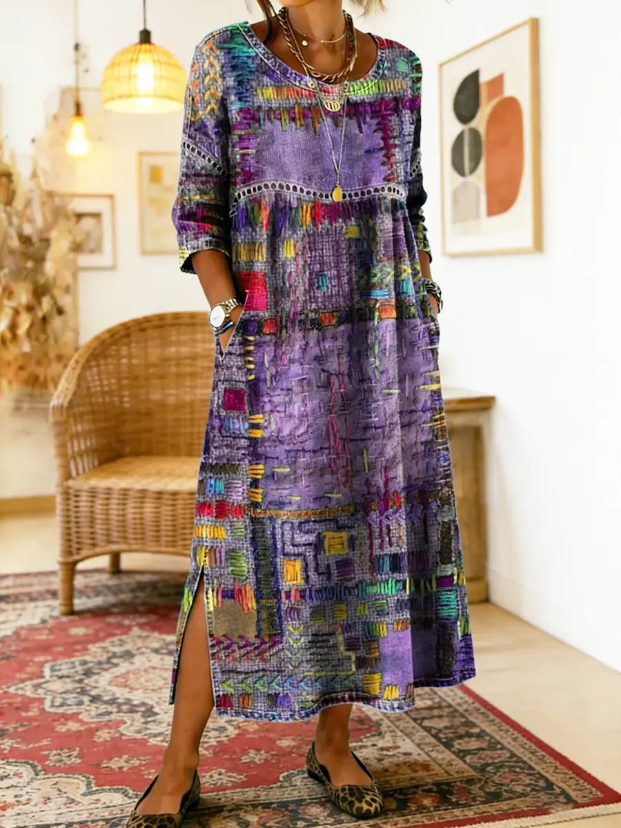 MANUELA | Printed dress with ethnic patchwork detail