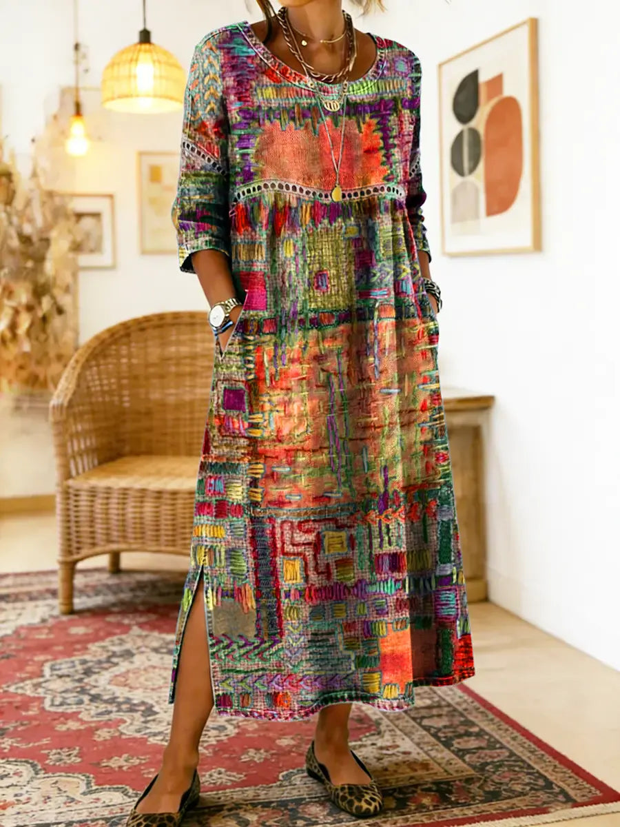 MANUELA | Printed dress with ethnic patchwork detail