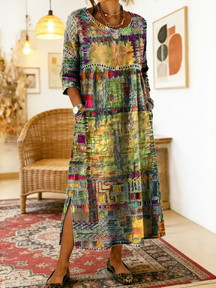 MANUELA | Printed dress with ethnic patchwork detail