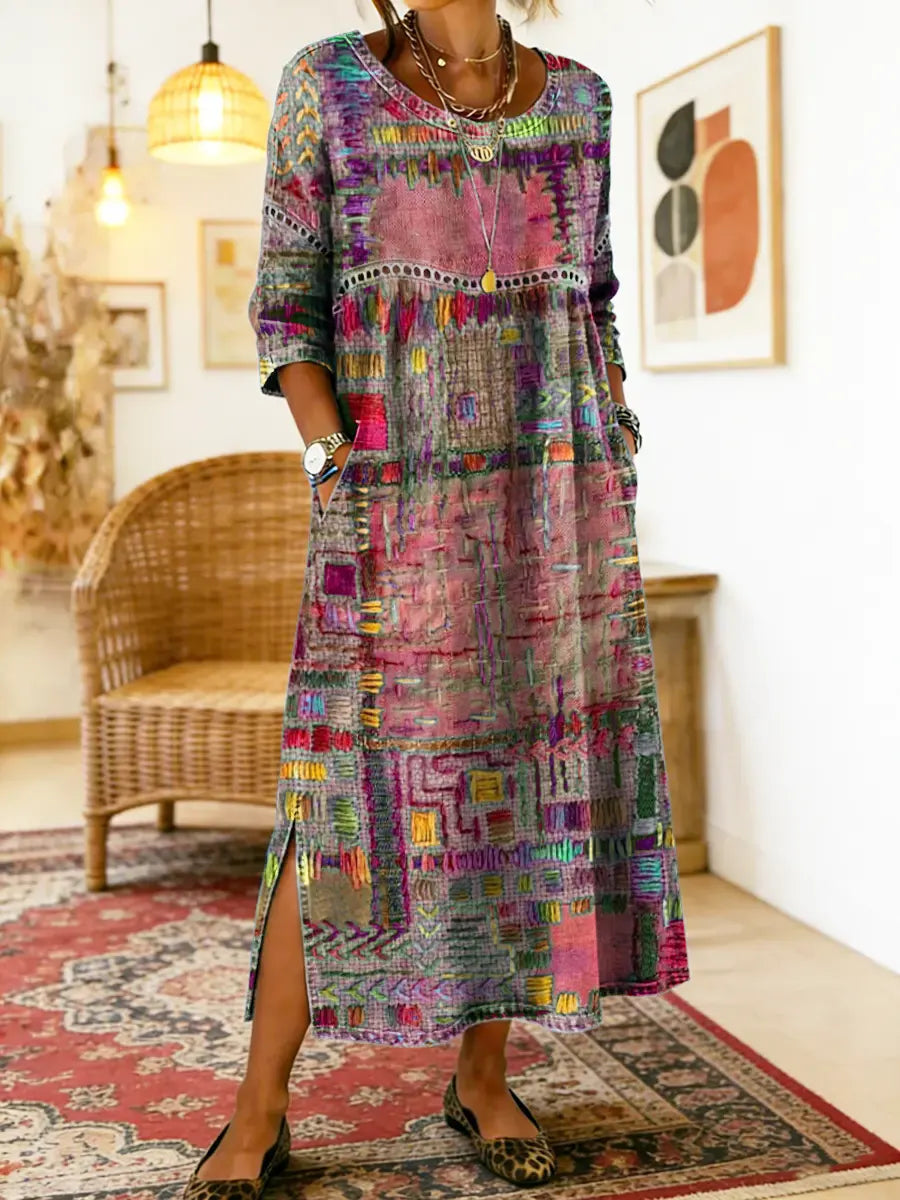 MANUELA | Printed dress with ethnic patchwork detail
