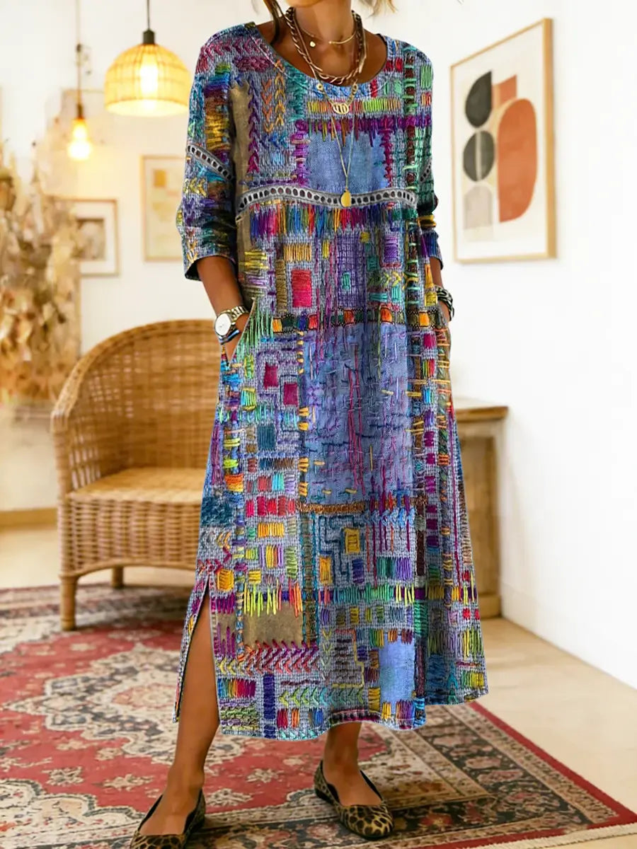MANUELA | Printed dress with ethnic patchwork detail