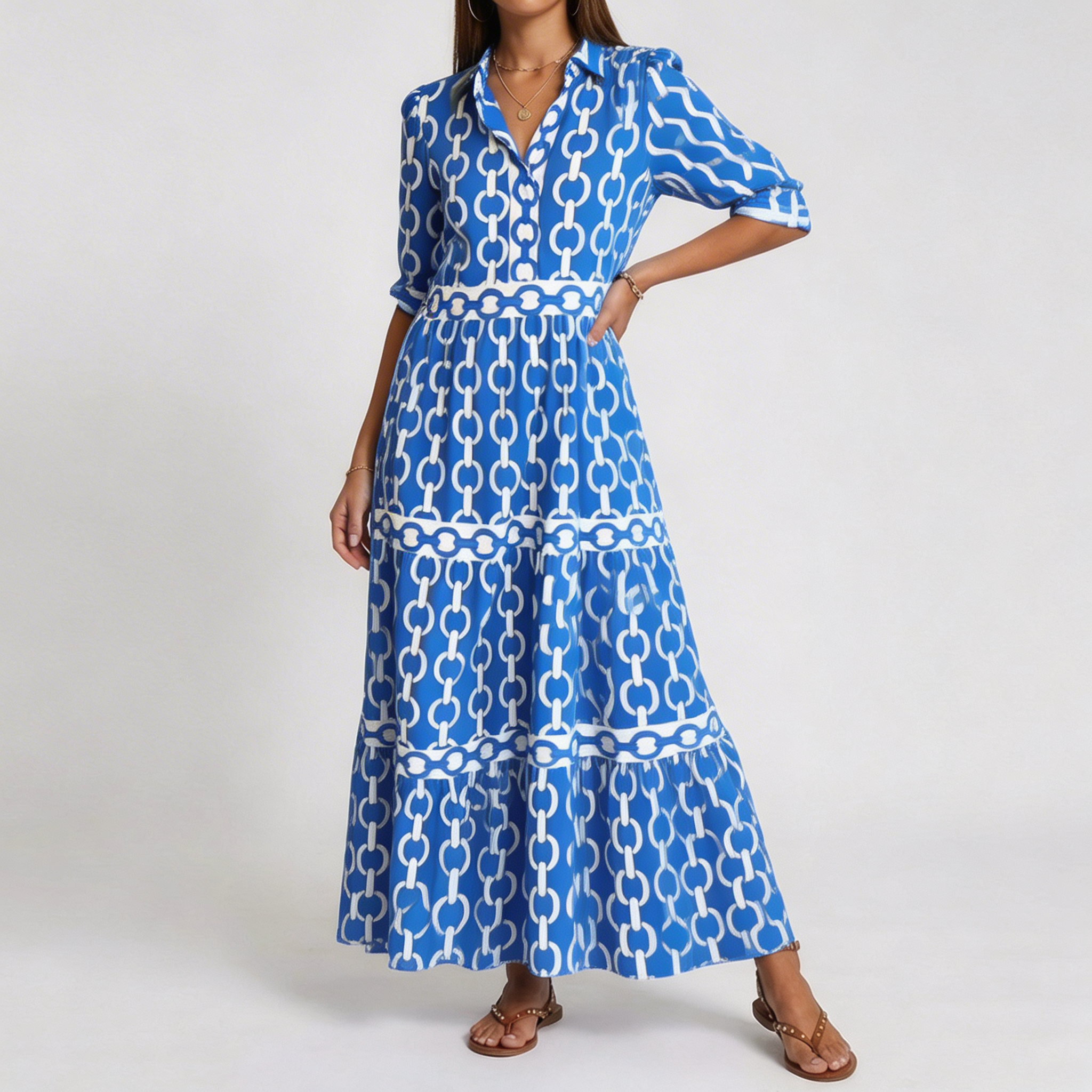 HAZEL | Three-quarter sleeve chain-link midi dress
