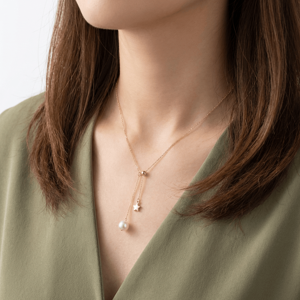 LUNA | Gold lariat necklace with pearl and star pendant