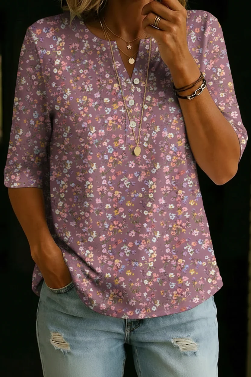 KIMBERLY | Soft floral henley top with buttoned placket