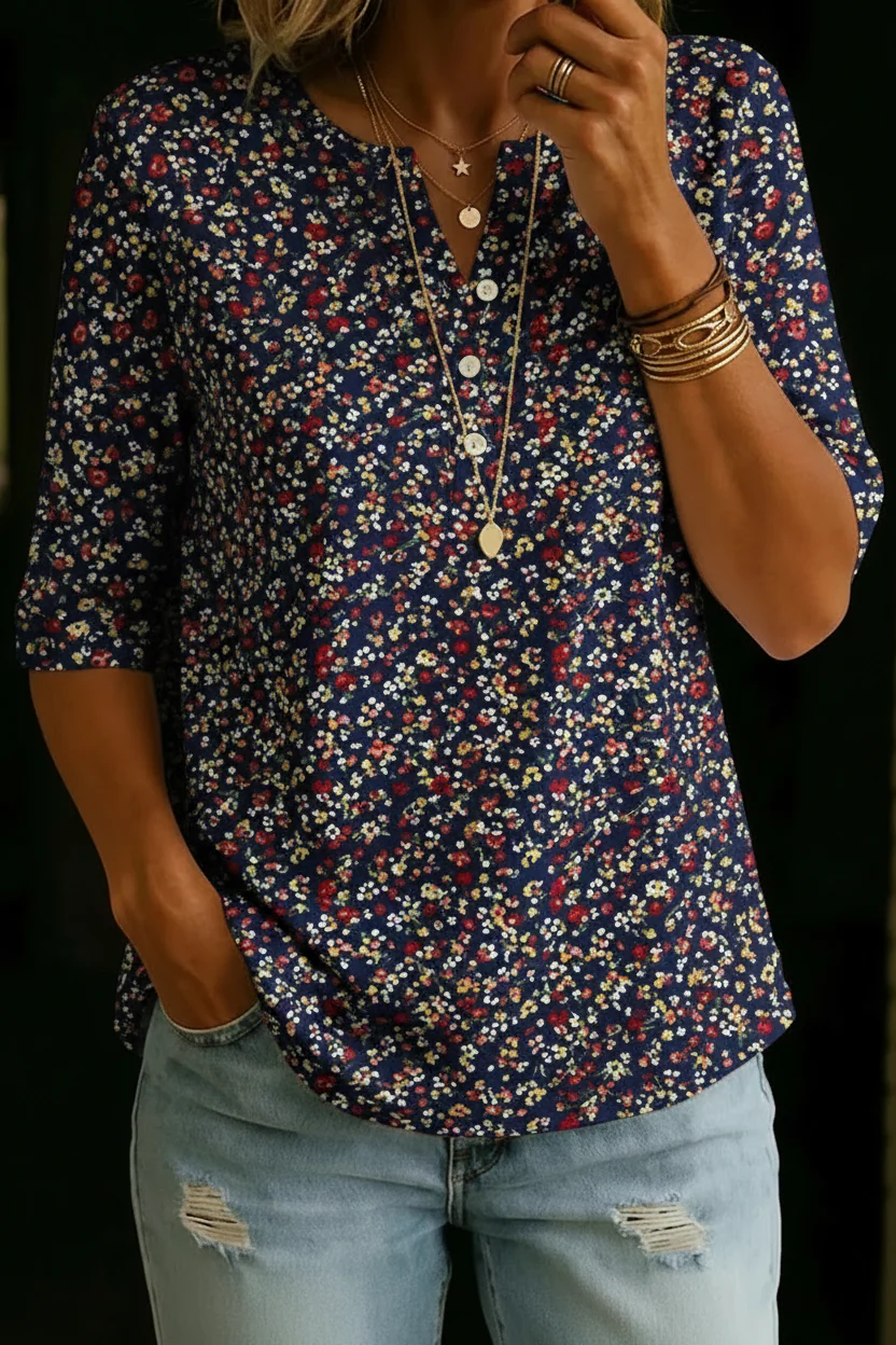 MANDY | Everyday floral henley top with short sleeves